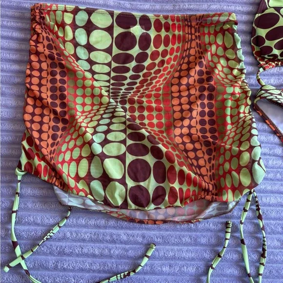 SHEIN 4-Piece Retro Print Bikini Set w/ Skirt & Headscarf 🌿🧡 Barely Worn - Picture 7 of 8